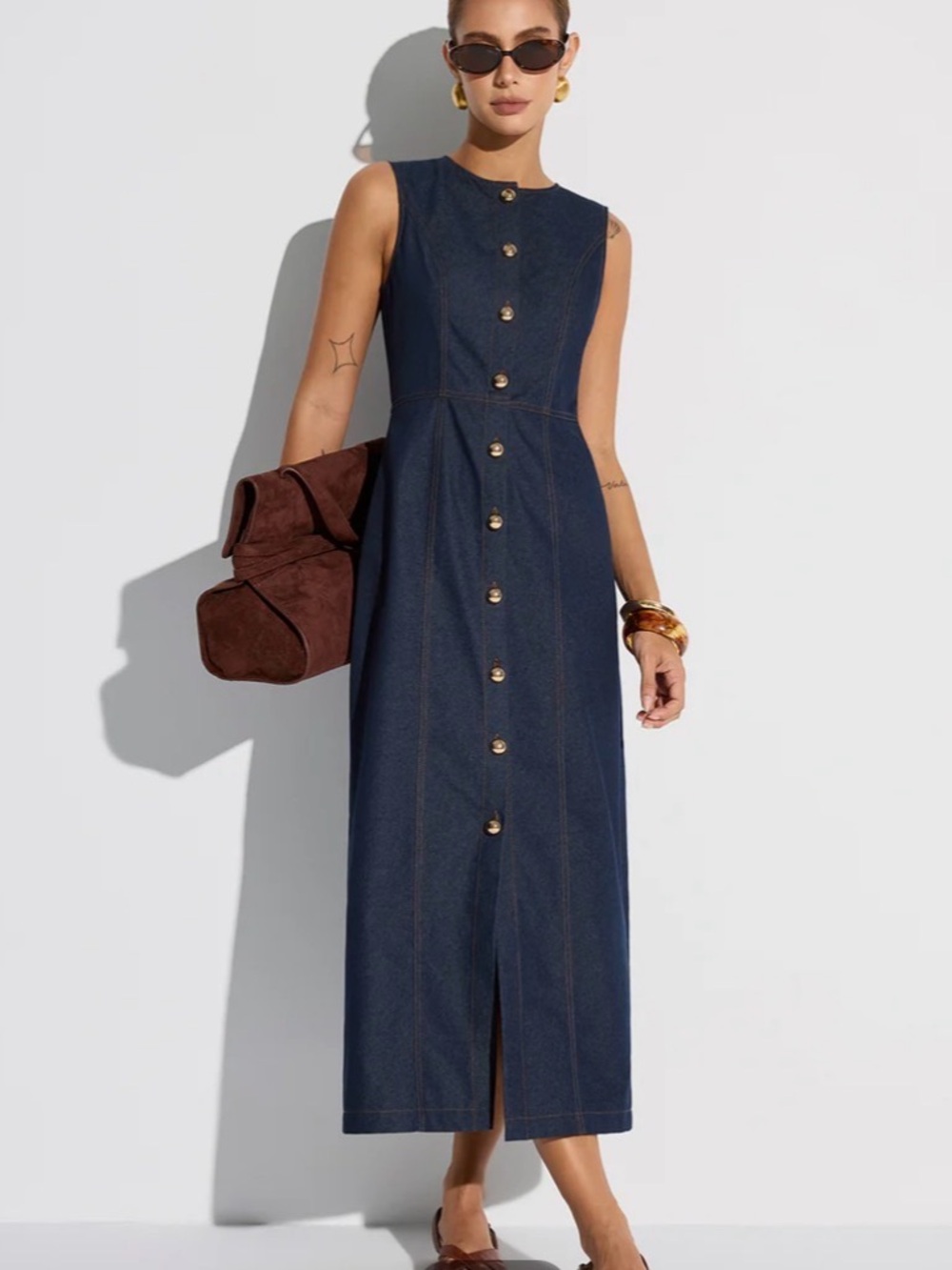 Commense button-front sleeveless denim maxi dress